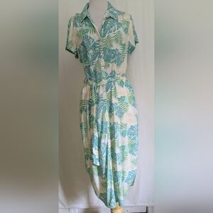 Spiaggia Dolce Green Tropical Leaf Button Up Midi Dress Sz Large